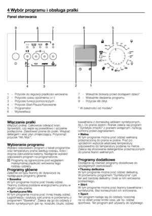 Page 16
16 - PL
4 Wybór programu i obsługa pralki
Panel sterowania
1  -  Przycisk do regulacji prędkości wirowania2  -  Przyciski czasu opóźnienia (+/-)3  -  Przyciski funkcji pomocniczych4  -  Przycisk Start/Pauza/Kasowanie5  -  Programator6  -  Wyświetlacz
7  -  Wskaźnik blokady przed dostępem dzieci*8  -  Wskaźniki śledzenia programu9  -  Przycisk Wł./Wył.
* W zależności od modelu”
Włączanie pralkiWłączyć pralkę. Całkowicie odkręcić kran. Sprawdzić, czy węże są prawidłowo i szczelnie podłączone. Załadować...