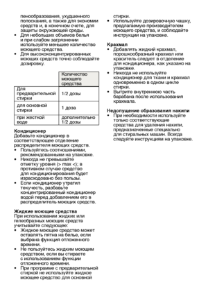 Page 13RU13
пенообразования, ухудшенного 
полоскания, а также для экономии 
средств и, в конечном счете, для 
защиты окружающей среды.
•   Для небольших объемов белья 
и при слабом загрязнении 
используйте меньшее количество 
моющего средства.
•  Для высококонцентрированных 
моющих средств точно соблюдайте 
дозировку.
Количество 
моющего 
средства
Для 
предварительной 
стирки 1/2 дозы
для основной 
стирки 1 доза
при жесткой 
воде дополнительно 
1/2 дозы
Кондиционер
Добавьте кондиционер в 
соответствующее...