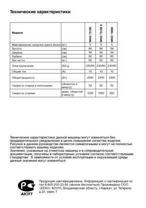 Page 5RU5
Технические характеристики
Технические характеристики данной машины могут изменяться без 
предварительного уведомления в целях повышения качества изделия. 
Рисунки в данном руководстве являются схематичными и могут не полностью 
соответствовать вашему изделию.  
Значения, указанные на этикетках машины и в сопроводительной 
документации, получены в лабораторных условиях согласно соответствующим 
стандартам.  В зависимости от условий эксплуатации и окружающей среды 
данные значения могут изменяться....