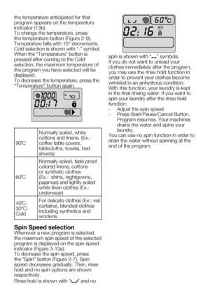 Page 53EN17
the temperature anticipated for that 
program appears on the temperature 
indicator	(13b).
To change the temperature, press 
the	temperature	button	(Figure	2-9).	
Temperature falls with 10° decrements.
Cold	selection	is	shown	with	“-”	symbol.
When	the	“Temperature”	button	is	
pressed after coming to the Cold 
selection, the maximum temperature of 
the program you have selected will be 
displayed.
To decrease the temperature, press the 
“Temperature”	button	again.
90˚C	Normally soiled, white 
cottons...