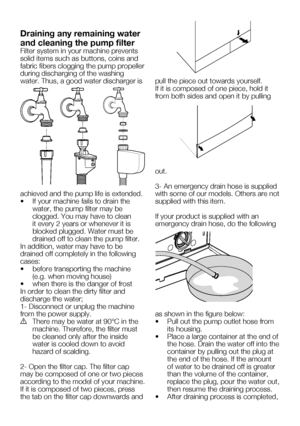 Page 58EN24
Draining any remaining water 
and cleaning the pump filter
Filter system in your machine prevents 
solid items such as buttons, coins and 
fabric fibers clogging the pump propeller 
during discharging of the washing 
water. Thus, a good water discharger is 
achieved and the pump life is extended.
•		 If	your	machine	fails	to	drain	the	water, the pump filter may be 
clogged.	You	may	have	to	clean	
it every 2 years or whenever it is 
blocked plugged. Water must be 
drained off to clean the pump...