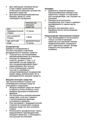 Page 13RU13
•  Для небольших объемов белья 
и при слабом загрязнении 
используйте меньшее количество 
моющего средства.
•  Для высококонцентрированных 
моющих средств точно 
соблюдайте дозировку.
Количество 
моющего 
средства
Для 
предварительной 
стирки 1/2 дозы
для основной 
стирки 1 доза
при жесткой 
воде дополнительно 
1/2 дозы
Кондиционер
Добавьте кондиционер в 
соответствующее отделение 
распределителя моющих средств.
•   Пользуйтесь соотношениями, 
рекомендованными на упаковке.
•   Никогда не превышайте...