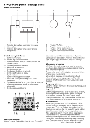 Page 4444 - PL
Symbole na wyświetlaczu
a	-	 Symbol	wirowania
b	-	 Wybór	prędkości	wirowania
c	-	 Symbol	odcięcia	dopływu	wody	(zależnie	od	modelu	pralki)
d	-	 Symbol	prania	oszczędnego
e	-	 Wskaźnik	temperatury
f	-		 Symbol	temperatury
g	-	 Symbol	zamkniętych	drzwiczek
h	-	 Symbol	gotowości	do	pracy
i	-	 Symbol	startu
j	-	 Symbole	funkcji	pomocniczych
k	-	 Wskaźnik	czasu	pozostałego	oraz	czasu	 opóźnienia
l	-	 Symbole	wskaźników	programu	(pranie	wstępne/ pranie	główne/płukanie/płyn	zmiękczający/
wirowanie)
m	-...