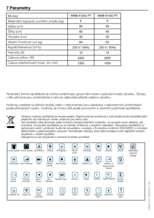 Page 2626 - CZ
WMB 61242 PTWMB 61042 PT
6 6
84 84
60 60
50 50
64 63
230 V / 50Hz 230 V / 50Hz
10 10
2200 2200
1200 1000
7 Parametry
Parametry	tohoto	spotřebiče	se	mohou	změnit	bez	upozornění	vlivem	zvyšování	kvality	výrobku.	Obrazy	
v	této	příručce	jsou	schematické	a	nemusí	odpovídat	přesně	vašemu	výrobku.
Hodnoty	uvedené	na	štítcích	pračky	nebo	v	dokumentaci	jsou	získávány	v	laboratorních	podmínkách	
podle	příslušných	norem.	Hodnoty	se	mohou	lišit	podle	provozních	a	okolních	podmínek	spotřebiče.
Modely...