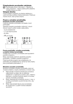 Page 3030 - SK
Prispôsobenie povoleného zaťaženia
C	 Dodržiavajte	prosím	informácie	v	„Tabuľke	na	výber	programov“.	Keď	je	práčka	príliš	zaťažená,	
výsledky	prania	sa	znížia.
Vstupné dvierkaPočas	priebehu	programu	sa	dvierka	zablokujú	a	
svieti	kontrolka	symbolu	Dvierka	blokované.	Dvierka	je	
možné	otvoriť,	keď	symbol	zhasne.
Pracie a avivážne prostriedkyPriečinok pracieho prostriedku
Priečinok	pracieho	prostriedku	sa	skladá	z	troch	
priehradiek:
Zásobník	pracieho	prostriedku	môže	byť	v	dvoch	
rôznych	typoch...