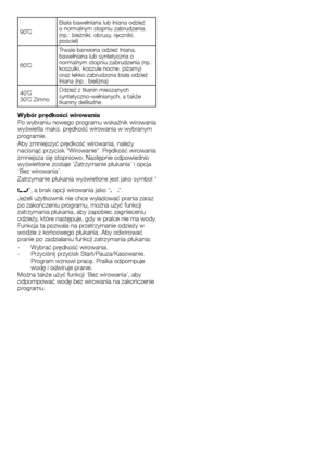 Page 4646 - PL
90˚C	Biała	bawełniana	lub	lniana	odzież	
o	normalnym	stopniu	zabrudzenia.	
(np.:	bieżniki,	obrusy,	ręczniki,	
pościel)
60˚C	 Trwale	barwiona	odzież	lniana,	
bawełniana	lub	syntetyczna	o	
normalnym	stopniu	zabrudzenia	(np.:		
koszulki,	koszule	nocne,	piżamy)	
oraz	lekko	zabrudzona	biała	odzież	
lniana	(np.:	bielizna)
40˚C
30˚C	Zimno	 Odzież	z	tkanin	mieszanych	
syntetyczno-wełnianych,	a	także	
tkaniny	delikatne.
Wybór prędkości wirowania
Po	wybraniu	nowego	programu	wskaźnik	wirowania	
wyświetla...