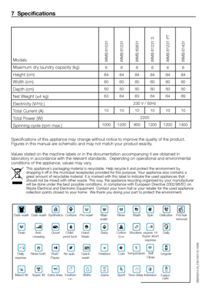 Page 1313 - EN
WMB	61031WMB	61231WMB	60831WMB	61231	SWMB	61231	PTWMB	61431
666666
848484848484
606060606060
505050505050
636463646469
230	V	/	50Hz
101010101010
2200
10001200800120012001400
7  Specifications
Specifications	of	this	appliance	may	change	without	notice	to	improve	the	quality	of	the	product.	Figures	in	this	manual	are	schematic	and	may	not	match	your	product	exactly.
Values	stated	on	the	machine	labels	or	in	the	documentation	accompanying	it	are	obtained	in	laboratory	in	accordance	with	the	relevant...