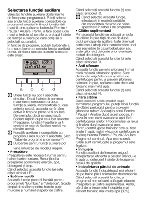 Page 2222RO
Selectarea funcţiei auxiliare
Selectaţi funcţiile auxiliare dorite înainte de începerea programului. Puteţi selecta sau anula funcţii auxiliare compatibile cu programul selectat în timpul funcţionării maşinii, prin apăsarea butonului Pornire / Pauză / Anulare. Pentru a face acest lucru maşina trebuie să se afle cu o etapă înainte de funcţia auxiliară pe care doriţi să o selectaţi sau anulaţi.
În funcţie de program, apăsaţi butoanele a, b, c sau d pentru a selecta funcţia auxiliară dorită. Simbolul...