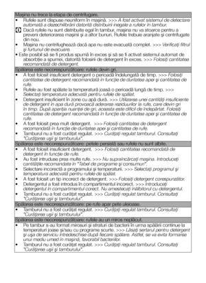 Page 3131RO
Maşina nu trece la etapa de centrifugare.
• Rufele sunt dispuse neuniform în maşină. >>> A fost activat sistemul de detectare automată a dezechilibrării datorită distribuirii inegale a rufe\
lor în tambur.
C Dacă rufele nu sunt distribuite egal în tambur, maşina nu va stoarce pentru a preveni deteriorarea maşinii şi a altor bunuri. Rufele trebuie aranjate şi centrifugate din nou.
•  Maşina nu centrifughează dacă apa nu este evacuată complet. >>> Verificaţi filtrul şi furtunul de evacuare.
• Este...