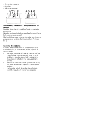 Page 4343 - HR
–	(II)	za	glavno	pranje
-	(III)	sifon	
–	(
)za	omekšivač
Deterdžent, omekšivač i druga sredstva za 
pranje
Dodajte	deterdžent	i	omekšivač	prije	pokretanja	
programa.
Nikada	ne	otvarajte	ladicu	raspršivača	deterdženta	
kok	program	pranja	radi!
Kad	koristite	program	bez	pretpranja,	u	pretinac	za	
pretpranje	ne	smijete	staviti	deterdžent	(Pretinac	
br.	I).
Količina deterdženta
Količina	deterdženta	koja	se	će	se	koristiti	ovisi	
o	količini	rublja,	o	tome	koliko	je	ono	prljavo,	te	
tvrdoći	vode.
•...