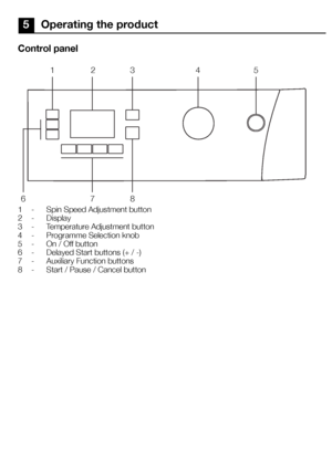 Page 1717EN
5 Operating the product
Control panel
1 -  Spin Speed Adjustment button
2 -  Display
3 -  Temperature Adjustment button
4 -  Programme Selection knob
5 -  On / Off button
6 -  Delayed Start buttons (+ / -)
7 -  Auxiliary Function buttons
8 -  Start / Pause / Cancel button
1
6 78
2
3 45
  