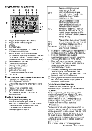 Page 5454RU
Индикаторы на дисплее
F1F2F3F4
a- Индикатор скорости отжимаb- Индикатор температурыc- Отжимd- Температураe- Индикатор времени отсрочки и отложенного запускаf- Индикаторы хода выполнения программы (предварител\fная стирка / основная стирка / полоскание / применение кондиционеров / отжим)g- Экономичный режимh- Отложенный запускi- Блокировка дверцыj- Символ пускаk- Символ остановкиl- Дополнител\fные функцииm- Нет воды
Подготовка стиральной машины
1. Провер\fте, надежно ли подсоединены шланги. 2....