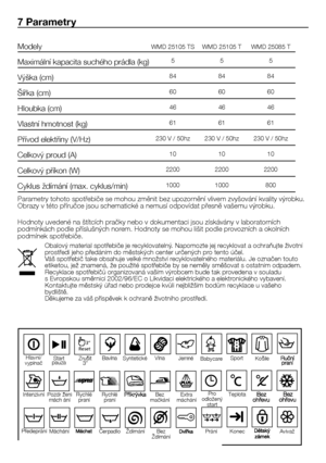 Page 36
36 - CZ
7 Parametry
Parametry tohoto spotřebiče se mohou změnit bez upozornění vlivem zvyšování kvality výrobku. 
Obrazy v této příručce jsou schematické a nemusí odpovídat přesně vašemu výrobku.
Hodnoty uvedené na štítcích pračky nebo v dokumentaci jsou získávány v laboratorních 
podmínkách podle příslušných norem. Hodnoty se mohou lišit podle provozních a okolních 
podmínek spotřebiče.
Modely
Maximální kapacita suchého prádla (kg)
Výška (cm)
Šířka (cm)
Hloubka (cm)
Vlastní hmotnost (kg)
Přívod...