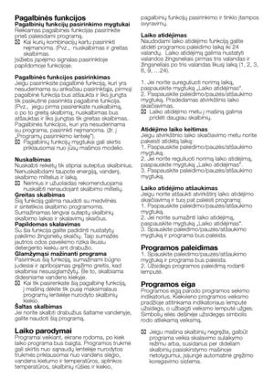 Page 43
43 - LT
Pagalbinės funkcijosPagalbinių funkcijų pasirinkimo mygtukaiReikiamas pagalbines funkcijas pasirinkite prieš paleisdami programą.C Kai kurių kombinacijų kartu pasirinkti neįmanoma. (Pvz.,  nuskalbimas ir greitas skalbimas.Įsižiebs įspėjimo signalas pasirinktoje papildomoje funkcijoje.
Pagalbinės funkcijos pasirinkimasJeigu pasirinksite pagalbinė funkciją, kuri yra nesuderinama su anksčiau pasirinktąja, pirmoji pagalbinė funkcija bus atšaukta ir liks įjungta tik paskutinė pasirinkta pagalbinė...
