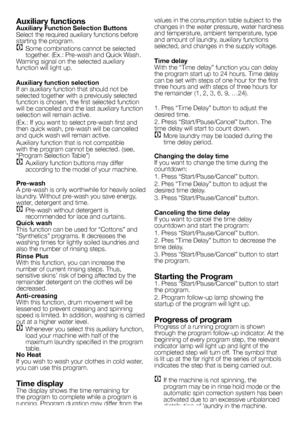 Page 8
8 - EN
Auxiliary functionsAuxiliary Function Selection ButtonsSelect the required auxiliary functions before starting the program.
C Some combinations cannot be selected together. (Ex.: Pre-wash and Quick Wash.Warning signal on the selected auxiliary function will light up.
Auxiliary function selectionIf an auxiliary function that should not be selected together with a previously selected function is chosen, the first selected function will be cancelled and the last auxiliary function selection will...