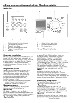 Page 2929	-	DE
4 Programm auswählen und mit der Maschine arbeiten
Bedienfeld
1	 -	 Schleudergeschwindigkeitstaste
2	 -	 Zeitverzögerungstasten
3	 -	 Zusatzfunktiontasten
4	 -	 Start/Pause/Abbrechen-Taste
5	 -	 Programmauswahlknopf
6	 -	 Anzeige7	 -	 Kindersicherungsanzeige*
8	 -	 Programmfolgeanzeigen
9	 -	 Ein-/Ausschalter
*	Je	nach	Modell	Ihres	Gerätes
Maschine einschaltenStecken	Sie	den	Netzstecker	der	Maschine	ein.	
Drehen	Sie	den	Wasserhahn	vollständig	auf.	
Vergewissern	Sie	sich,	dass	die	Schläuche	fest...