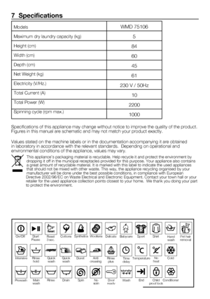 Page 1212 - EN
WMD	75106
5
84
60
45
61
230	V	/	50Hz
10
2200
1000
7  Specifications
Specifications	of	this	appliance	may	change	without	notice	to	improve	the	quality	of	the	product.	Figures	in	this	manual	are	schematic	and	may	not	match	your	product	exactly.
Values	stated	on	the	machine	labels	or	in	the	documentation	accompanying	it	are	obtained	in	laboratory	in	accordance	with	the	relevant	standards.		Depending	on	operational	and	environmental	conditions	of	the	appliance,	values	may	vary.
Models
Maximum	dry...