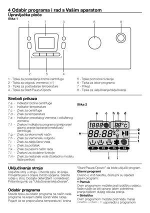 Page 2929 - HR
7.a	 -	Indikator	brzine	centrifuge
7.b	 -	Indikator	temperature
7.c	 -	Znak	za	centrifuge
7.d	 -	Znak	za	temperature
7.e	 -	Indikator	preostalog	vremena	i	odloženog	vremena
7.f	 -	Znakovi	indikatora	programa	(pretpranje/glavno	pranje/ispiranje/omekšivač/centrifuga)
7.g	 -	Znak	za	ekonomski	način
7.h	 -	Znak	za	vremensku	odgodu
7.i	 -	Znak	za	zaključana	vrata
7.j	 -	Znak	za	početak
7.k	 -	Znak	za	pasivni	način	rada
7.l	 -	Znakovi	za	dodatne	funkcije
7.m	-	 Znak	za	nestanak	vode	(Sukladno	modelu...