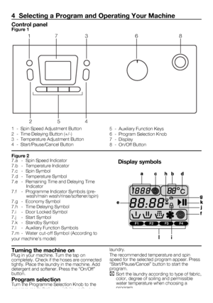 Page 55 - EN
Display symbols
4  Selecting a Program and Operating Your Machine
1	 -	 Spin	Speed	Adjustment	Button
2	 -	 Time	Delaying	Button	(+/-)
3	 -	 Temperature	Adjustment	Button
4	 -	 Start/Pause/Cancel	Button
Control panelFigure 1
Figure 27.a	 -	 Spin	Speed	Indicator
7.b	 -	 Temperature	Indicator
7.c	 -	 Spin	Symbol
7.d	 -	 Temperature	Symbol
7.e	 -	 Remaining	Time	and	Delaying	Time	Indicator
7.f	 -	 Programme	Indicator	Symbols	(pre-wash/main	wash/rinse/softener/spin)
7.g	 -	 Economy	Symbol
7.h	 -	 Time...