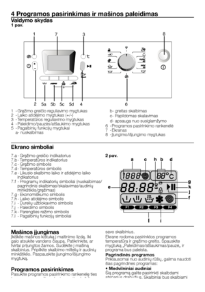 Page 41
41 - LT
7.a - Gręžimo greičio indikatorius
7.b - Temperatūros indikatorius
7.c - Gręžimo simbolis
7.d - Temperatūros simbolis
7.e - Likusio skalbimo laiko ir atidėjimo laiko 
indikatorius
7.f  - Programų indikatorių simboliai (nuskalbimas/
pagrindinis skalbimas/skalavimas/audinių 
minkštiklis/gręžimas)
7.g - Ekonomiškumo simbolis
7.h - Laiko atidėjimo simbolis
7.i  - Durelių užblokavimo simbolis
7.j  - Paleidimo simbolis
7.k - Parengties režimo simbolis
7.l  - Pagalbinių funkcijų simboliai
4 Programos...