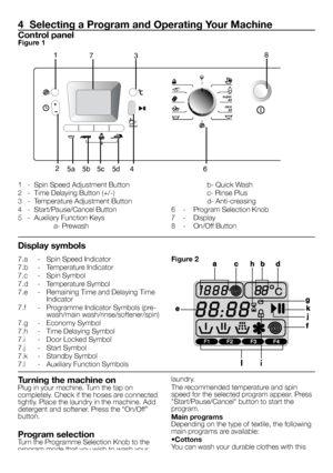 Page 5
5 - EN
7.a  -  Spin Speed Indicator
7.b  -  Temperature Indicator
7.c  -  Spin Symbol
7.d  -  Temperature Symbol
7.e  -  Remaining Time and Delaying Time Indicator
7.f  -  Programme Indicator Symbols (pre-wash/main wash/rinse/softener/spin)
7.g  -  Economy Symbol
7.h  -  Time Delaying Symbol
7.i  -  Door Locked Symbol
7.j  -  Start Symbol
7.k  -  Standby Symbol
7.l  -  Auxiliary Function Symbols
4  Selecting a Program and Operating Your Machine
Control panelFigure 1
+
Reset
mini30
super
40
F1F2 F3F43’’...