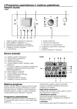 Page 41
41 - LT
7.a - Gręžimo greičio indikatorius7.b - Temperatūros indikatorius7.c - Gręžimo simbolis7.d - Temperatūros simbolis7.e - Likusio skalbimo laiko ir atidėjimo laiko indikatorius7.f  - Programų indikatorių simboliai (nuskalbimas/pagrindinis skalbimas/skalavimas/audinių minkštiklis/gręžimas)7.g - Ekonomiškumo simbolis7.h - Laiko atidėjimo simbolis7.i  - Durelių užblokavimo simbolis7.j  - Paleidimo simbolis7.k - Parengties režimo simbolis7.l  - Pagalbinių funkcijų simboliai
4 Programos pasirinkimas ir...