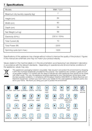 Page 1515 - EN
WMI	712417
84
60
54
69
230	V	/	50Hz 10
2200
1200
7  Specifications
Specifications	of	this	appliance	may	change	without	notice	to	improve	the	quality	of	the	product.	Figures	
in	this	manual	are	schematic	and	may	not	match	your	product	exactly.
Values	stated	on	the	machine	labels	or	in	the	documentation	accompanying	it	are	obtained	in	laboratory	
in	accordance	with	the	relevant	standards.		Depending	on	operational	and	environmental	conditions	of	
the	appliance,	values	may	vary.
Models
Maximum	dry...