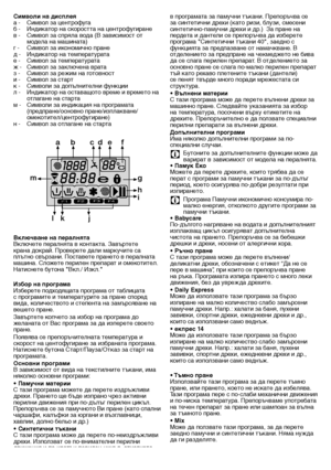 Page 4747 - BG
Символи на дисплея
а	-	 Символ	за	центрофуга
б	-	 Индикатор	на	скоростта	на	центрофугиране
в	-	 Символ	за	спряла	вода	(В	зависимост	от	модела	на	машината)
г	-	 Символ	за	икономично	пране
д	-	 Индикатор	на	температурата
е	-		 Символ	за	температурата
ж	-	 Символ	за	заключена	врата
з	-	 Символ	за	режим	на	готовност
и	-	 Символ	за	старт
к	-	 Символи	за	допълнителни	функции
л	-	 Индикатор	на	оставащото	време	и	времето	на	 отлагане	на	старта
м	-	 Символи	за	индикация	на	програмата	 (предпране/основно...