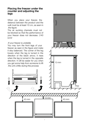 Page 11EN11
 Placing the freezer under the
 counter and adjusting thelegs
 When  you  place  your  freezer,  the
 distance  between  the  product  and  the
 wall must be at least 10 cm, as seen in
.the figure
 The  air  sucking  channels  must  not
 be blocked so that the performance of
 your  freezer  does  not  decrease.  (140 (cm2
;If your freezer is unstable
 You  may  turn  the  front  legs  of  your
 freezer  as  seen  in  the  figure  and  make
 it  stay  balanced.  The  corner  of  the  leg
 lowers...