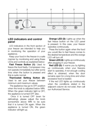 Page 16EN16
LED indicators and control 
panel
LED  indicators  in  the  front  section  of 
your  freezer  are  intended  to  help  you 
in  monitoring  the  operation  of  your 
appliance.  Keep your food in the freezer in a safe 
manner  by  monitoring  and  using  these 
LEDs and controls as explained below: Fast  Freeze  Button  (1):  Used  to 
freeze the food fastly. Compressor may 
not operate immediately but after some 
time  when  the  button  is  pressed  and 
this is quite normal. Thermostat  Setting...