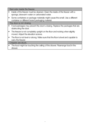 Page 21EN21
Bad odor inside the freezer.
•   Inside of the freezer must be cleaned. Clean the inside of the freezer with a 
sponge, lukewarm water or carbonated water. 
•   Some containers or package materials might cause the smell. Use a different 
container or different brand packaging material.
The door is not closing.
•   Food packages may prevent the door's closing. Replace the packages that are 
obstructing the door. 
•   The freezer is not completely upright on the floor and rocking when slightly...