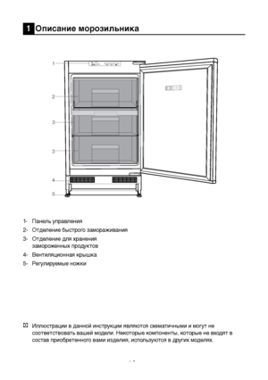 Page 25RU3
1
5
3
3 2
4
1  Описание морозильни\бка  
1-  Панель управлени\b
2-  Отделение быстрого замораживания
3-  Отделение для хранения 
замороженных продуктов 
4-  Вентиляционная крышка
5-  Регулируемые ножки
C Иллюстрации в данной инструкции являются схематичными и могут не 
соответствовать вашей модели. Некоторые компоненты, которые не входят в 
состав приобретенного вами изделия, используются в других моделях.
 from  Manual•  