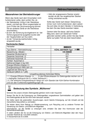 Page 22                        
Technische Daten 
Hersteller  
  
 
Typ (Sterne – Kennzeichnung) 
KÜHL-GEFRIER-Typ I   
Bezeichnung  (Model )    CS 230020 
Gesamter Bruttoinhalt (l)           273 
Gesamter Nutzinhalt  (l)                   251 
Gefrierteil Nutzinhalt  (l)                                 87 
Kühlteil  Nutzinhalt (l)           164 
Gefriervermögen in kg /24h        5 
Energie-Effizienz-Klasse (1)           A+ 
Energieverbrauch KWh/Jahr (2)           265 
Lagerzeit bei Störung (h)  18 
Geräusch...