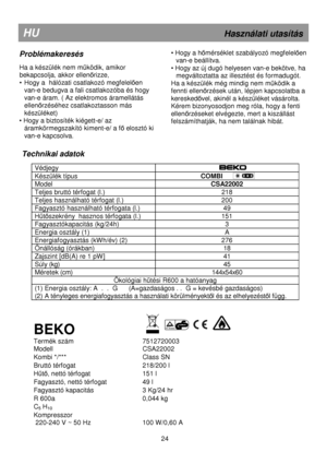 Page 30   
  
  
  
   
Technikai adatok 
 
Védjegy  
  
 
Készülék típus 
                       COMBI  
Model  CSA22002  
Teljes bruttó térfogat (l.)  218 
Teljes használható térfogat (l.)  200 
Fagyasztó használható térfogata (l.)  49 
Htszekrény  hasznos térfogata (l.)  151 
Fagyasztókapacitás (kg/24h)  3 
Energia osztály (1)  A 
Energiafogyasztás (kWh/év) (2)  276 
Önállóság (órákban)  18 
Zajszint [dB(A) re 1 pW] 41 
Súly (kg) 45 
Méretek (cm) 144x54x60 
Ökológiai htési R600 a hatóanyag 
(1) Energia...