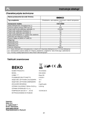 Page 47     
Charakterystyka techniczna 
 
Nazwa producenta lub znak firmowy    
Typ urzdzenia 
Chodziarko- zamraarka z komorami niskich temperatur 
*(***) 
Oznaczenie modelu  CSA 22002  
Klasa efektywnoci energetycznej (1)  A 
Roczne zuycie energii (kW h/rok) (2)  276 
Pojemno brutto/u ytkowa cakowita  (l)  218/200 
Pojemno  uytkowa chodziarki (l)  151 
Pojemno uytkowa zamra alki (l)  49 
Czas przechowywania „Z” godzin bez zasilania  18 
Zdolno zamra ania w (kg/24h)    3 
Poziom haasu w [dB(A) re 1pW ] (3)  41...