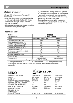 Page 39 
 
 
 
 
 
 
 
 
 
 
Technické údaje 
 
Znaĉka  
Typ spotrebiĉa                              COMBI  
Model CSA24002 & CSA24012 CSA24022 
Celkový hrubý objem (l.) 240 240 
Celkový užitoĉný objem (l.) 207 207 
Užitoĉný objem mrazniĉky (l.) 62 62 
Užitoĉný objem chladniĉky (l.) 145 145 
Zmrazovací výkon (kg/24 h) 5 5 
Energetická trieda (1) A A+ 
Spotreba energie (kWh/rok) (2) 285 218 
Samostatnosť (h) 18 18 
Hluĉnosť [dB(A) re 1 pW] 41 41 
Hmotnosť (kg) 50,5 50,5 
Rozmery (cm)  152,5x54,5x60 152,5x54,5x60...