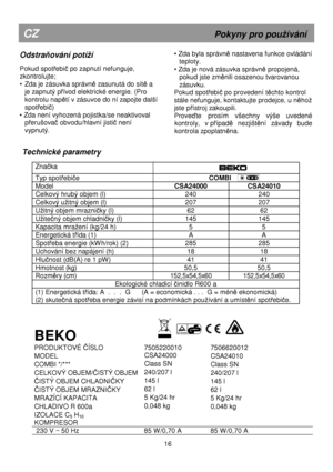 Page 22   
  
  
  
  
 
Technické parametry 
 
Znaka  
  
 
Typ spotebie 
                            COMBI  
Model  CSA24000  CSA24010 
Celkový hrubý objem (l)  240  240 
Celkový užitný objem (l)  207  207 
Užitný objem mrazniky (l)  62  62 
Užitený objem chladniky (l)  145  145 
Kapacita mražení (kg/24 h)  5  5 
Energetická tída (1)  A  A 
Spoteba energie (kWh/rok) (2)  285  285 
Uchování bez napájení (h)  18  18 
Hlunost (dB(A) re 1 pW)  41  41 
Hmotnost (kg)  50,5  50,5 
Rozmry (cm)  152,5x54,5x60...