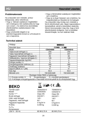 Page 30   
  
  
  
   
Technikai adatok 
 
Védjegy  
  
 
Készülék típus 
                            COMBI  
Model  CSA24000  CSA24010 
Teljes bruttó térfogat (l.)  240  240 
Teljes használható térfogat (l.)  207  207 
Fagyasztó használható térfogata (l.)  62  62 
Htszekrény  hasznos térfogata (l.)  145  145 
Fagyasztókapacitás (kg/24h)  5  5 
Energia osztály (1)  A  A 
Energiafogyasztás (kWh/év) (2)  285  285 
Önállóság (órákban)  18  18 
Zajszint [dB(A) re 1 pW]  41  41 
Súly (kg)  50,5  50,5 
Méretek (cm)...