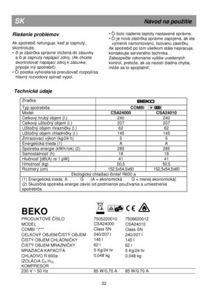 Page 38   
  
  
  
  
Technické údaje 
 
Znaka  
  
 
Typ spotrebia 
                            COMBI  
Model  CSA24000  CSA24010 
Celkový hrubý objem (l.)  240  240 
Celkový užitoný objem (l.)  207  207 
Užitoný objem mrazniky (l.)  62  62 
Užitoný objem chladniky (l.)  145  145 
Zmrazovací výkon (kg/24 h)  5  5 
Energetická trieda (1)  A  A 
Spotreba energie (kWh/rok) (2)  285  285 
Samostatnos (h)  18  18 
Hlunos [dB(A) re 1 pW]  41  41 
Hmotnos (kg)  50,5  50,5 
Rozmery (cm)   152,5x54,5x60  152,5x54,5x60...