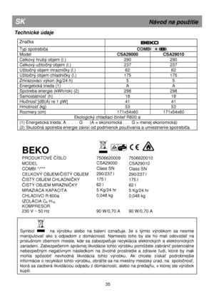 Page 41      
Technické údaje 
 
Značka  
  
 
Typ spotrebiča 
                         COMBI  
Model  CSA29000  CSA29010 
Celkový hrubý objem (l.)  290  290 
Celkový uitočný objem (l.)  237  237 
Uitočný objem mrazničky (l.)  62  62 
Uitočný objem chladničky (l.)  175  175 
Zmrazovací výkon (kg/24 h)  5  5 
Energetická trieda (1)  A  A 
Spotreba energie (kWh/rok) (2)  298  298 
Samostatnosť (h)  18  18 
Hlučnosť [dB(A) re 1 pW]  41  41 
Hmotnosť (kg)  53  53 
Rozmery (cm)  171x54x60  171x54x60 
Ekologický...