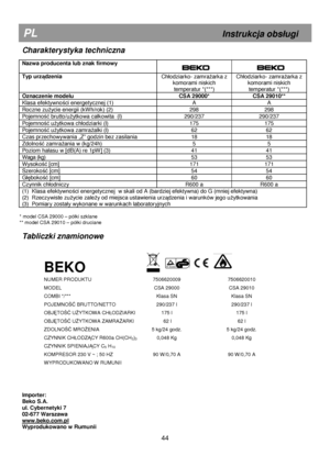 Page 50     
Charakterystyka techniczna 
 
Nazwa producenta lub znak firmowy       
Typ urz
ądzenia 
Ch
odziarko- zamraŜarka z 
komorami niskich 
temperatur *(***)  Ch
odziarko- zamra
Ŝarka z 
komorami niskich 
temperatur *(***)  
Oznaczenie modelu  CSA 29000*   CSA 29010** 
Klasa efektywności energetycznej (1)  A  A 
Roczne zu Ŝycie energii (kWh/rok) (2)  298  298 
Pojemno ść brutto/u Ŝytkowa ca
kowita  (l)  290/237  290/237 
Pojemno ść uŜytkowa ch
odziarki (l)  175  175 
Pojemno ść uŜytkowa zamra Ŝalki (l)...