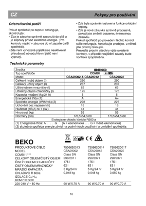 Page 22 
 
 
 
 
 
 
 
 
 
 
Technické parametry 
 
Znaĉka  
Typ spotřebiĉe                              COMBI  
Model CSA29002 & CSA29012 CSA29022 
Celkový hrubý objem (l) 290 290 
Celkový užitný objem (l) 237 237 
Užitný objem mrazniĉky (l) 62 62 
Užiteĉný objem chladniĉky (l) 175 175 
Kapacita mražení (kg/24 h) 5 5 
Energetická třída (1) A A+ 
Spotřeba energie (kWh/rok) (2) 298 227 
Uchování bez napájení (h) 18 18 
Hluĉnost (dB(A) re 1 pW) 41 41 
Hmotnost (kg) 55 55 
Rozměry (cm) 170,5x54,5x60 170,5x54,5x60...