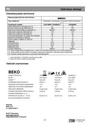 Page 47 
 
 
Charakterystyka techniczna 
        
Nazwa producenta lub znak firmowy  
 
Typ urządzenia Chłodziarko- zamrażarka z komorami niskich temperatur 
*(***) 
Oznaczenie modelu CSA 29002* CSA29012**  CSA29022* 
Klasa efektywności energetycznej (1) A A+ 
Roczne zużycie energii (kWh/rok) (2) 298 227 
Pojemność brutto/użytkowa całkowita  (l) 290/237 290/237 
Pojemność użytkowa chłodziarki (l) 175 175 
Pojemność użytkowa zamrażalki (l) 62 62 
Czas przechowywania „Z” godzin bez zasilania 18 18 
Zdolność...