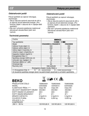 Page 22



T ech nic ké p ara m etr y  
 
Znaka  
 

T
yp  s p ot e b i e    
                                 C O M BI  
M od el  CSA 340 00 &  C SA 3401 0  CSA 340 20 
C elk o vý h ru bý o bje m  ( l)   340  340  
C elk o vý u it n ý o bje m  ( l)   292  292  
U it n ý o bje m  m ra zn i ky ( l)   87  87 
U it e n ý o bje m  c h la dni ky ( l)   205  205  
K apacit a  m ra e ní ( k g /2 4 h )  5  5 
E nerg etic ká  t  íd a ( 1 ) 
A  A+ 
S pot e ba e n erg ie  ( k W h/r o k) ( 2 )...