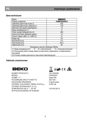 Page 15       
Dane techniczne 
 
Marka  
Rodzaj urządzenia ZAMRAśARKA 
Ca
kowita pojemność brutto (l)  250 
Ca
kowita pojemność uŜytkowa (l)  190 
Zdolność zamraŜania (kg/24godz.)  14 
Klasa energetyczna (1)  A 
Pobór energii (kWgodz/rok) (2)  263 
Autonomia (brak zasilania) (godz.)  19 
Poziom ha
asu (dBa  re 1 pW) (3)   41 
Waga (kg) 54 
Wysokość [cm] 151 
Szerokość [cm] 59,5 
G
ębokość [cm]  60 
Ekologiczny czynnik ch
odzący R600a 
(1) Klasa energetyczna A  .  .  G      (A = ekonomiczna . . .  G = mniej...