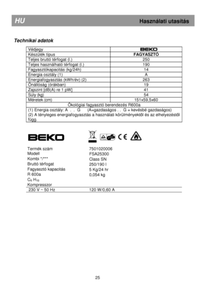 Page 31       
 
Technikai adatok 
 
Védjegy  
Készülék típus FAGYASZTÓ 
Teljes bruttó térfogat (l.)  250 
Teljes használható térfogat (l.)  190 
Fagyasztókapacitás (kg/24h)  14 
Energia osztály (1)  A 
Energiafogyasztás (kWh/év) (2)  263 
Önállóság (órákban) 19 
Zajszint [dB(A) re 1 pW] 41 
Súly (kg) 54 
Méretek (cm) 151x59,5x60 
Ökológiai fagyasztó berendezés R600a 
(1) Energia osztály: A  .  .  G      (A=gazdaságos . .  G = kevésbé gazdaságos)  
(2) A tényleges energiafogyasztás a használati körü lményekt
ıl...