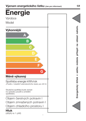 Page 25Význam energetického lístku (Jen pro informaci)cz
Hluk
(dB(A) re 1 pW)
A
B
C
D
E
F
G
Výkonnější
Méně výkonný
Spotřeba energie kWh/rok
(Podle v˘sledkÛ standardního testu po 24 h)
Skutečná spotřeba bude záviset
na způsobu použití a umístění
spotřebiče.
Objem čerstvých potravin l
Objem zmražených potravin l
Objem chladicího prostoru l
Výrobce
Model
Energie
9
Energetický štítek v sáčku můžete přilepit na oblast nahoře.
 