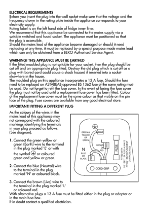 Page 4ELECTRICAL REQUIREMENTS 
Before you insert the plug into the wall socket make sure that the voltage and the
frequency shown in the rating plate inside the appliance corresponds to your
electricity supply.
Rating label is on the left hand side of fridge inner liner.
We recommend that this appliance be connected to the mains supply via a
suitable switched and fused socket. The appliance must be positioned so thatthe plug is accessible.Should the mains lead of the appliance become damaged or should it...