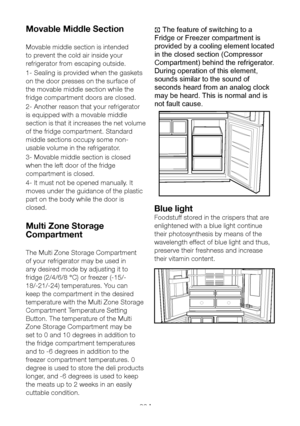 Page 24EN23
Movable Middle Section 
Movable middle section is intended 
to prevent the cold air inside your 
refrigerator from escaping outside. 
1- Sealing is provided when the gaskets 
on the door presses on the surface of 
the movable middle section while the 
fridge compartment doors are closed. 
2- Another reason that your refrigerator 
is equipped with a movable middle 
section is that it increases the net volume 
of the fridge compartment. Standard 
middle sections occupy some non-
usable volume in the...