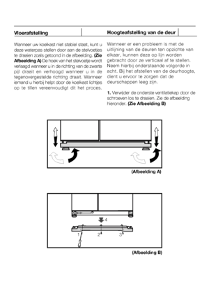 Page 40Vloerafstelling
Wanneer uw koelkast niet stabiel staat, kunt u Hoogteafstelling van de deur
Wanneer er een probleem is met deuitlijning van de deuren ten opzichte vanelkaar, kunnen deze op lijn wordengebracht door ze verticaal af te stellen.Neem hierbij onderstaande volgorde inacht. Bij het afstellen van de deurhoogte,dient u ervoor te zorgen dat dedeurschappen leeg zijn.
1. Verwijder de onderste ventilatiekap door de
8
4
123
(Afbeelding A)
(Afbeelding B)
NL
 